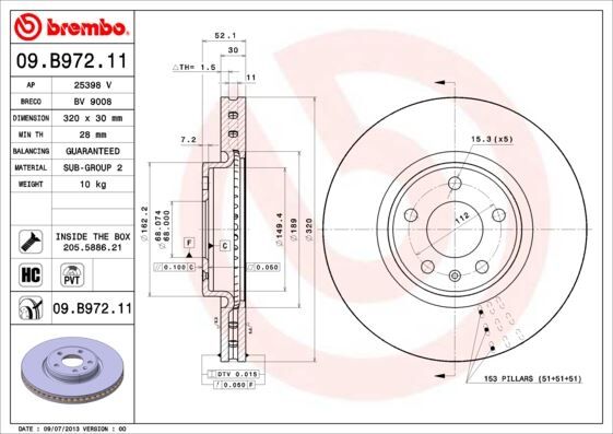 BREMBO FREN DISKI ON HAVALI 5 BJN 320X30X68X52,2 A4 2.0 TDI - 1.8 TFSI - 2.0 TFSI 2007-2015/A5 2.0 TDI - 2.0 TFSI 2007-2017/ A6 2.0 TFSI - 2.0 TDI - 3.0 TFSI - 3.0 TDI/ Q5 2.0 TDI - 2.0 TFSI - 3.0 TDI 2008-