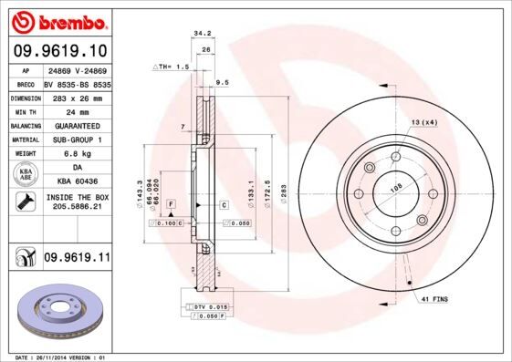 BREMBO FREN DISKI ON HAVALI 4 BJN 282,9X26X66X34,2 PEUGEOT PARTNER - TEPEE 1.6 HDI 08-/BERLINGO 1.6 HDI 08-/207 1.6 HDI-1.6i 16v-1.4 HDI 06-12/C4 1.6 -1.6 HDI 04-09/C4 PICASSO 1.6 HDI 06-13/OPEL CORSA F 19-