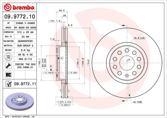 BREMBO FREN DISKI ON HAVALI 5 BJN 312X25X65X49,7 GOLF V 1.4TSI-1.6 TDI 2003-2009/CADDY III 2.0 TDI 2004-2015/GOLF VI 1.6i 2008-2013/SCIROCCO 1.4 TSI 2008-/SKODA SUPERB 1.6 TDI 2015-/PASSAT 1.6 TDI 2008-2012