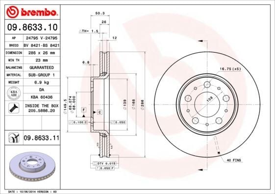 BREMBO ÖN FREN AYNASI VOLVO S60 (00-10) S80 (98-06) V70 (97-07) XC70 (00-07) (285x5DL) KÜÇÜK TİP