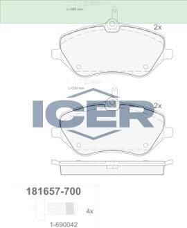 ICER FREN BALATA ON FISLI PEUGEOT 407 (6D) 2.0 HDI 2004-2011 / PEUGEOT 407 (6D) 2.0i 2004-2011 / PEUGEOT 607 (9D,9U) 2.0 HDI 2000- / CITROEN C6 (TD) 3.0 V6 2005- / PEUGEOT 607 (9D,9U) 3.0i 2000- 1611334980