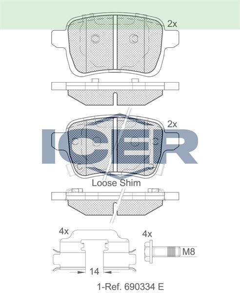 ICER FREN BALATA ARKA IKAZLI FIAT EGEA 1.4 2016- /EGEA HB 1.6 2020- / EGEA CROSS 1.6 D 2020-/ OPEL CORSA E 1.2 15 JANT 2014- / ADAM 1.0 15 JANT 2014- 1605285