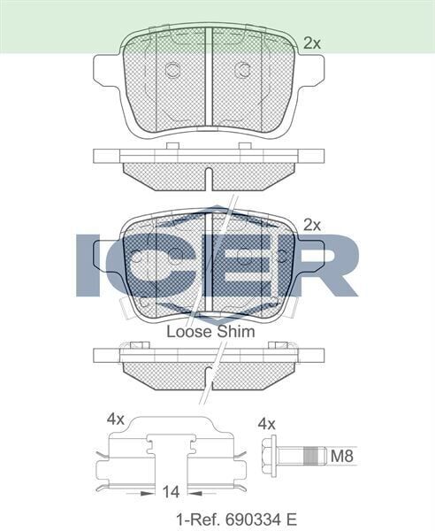 ICER FREN BALATA ARKA IKAZLI FIAT EGEA 1.4 2016- /EGEA HB 1.6 2020- / EGEA CROSS 1.6 D 2020-/ OPEL CORSA E 1.2 15 JANT 2014- / ADAM 1.0 15 JANT 2014- 1605285