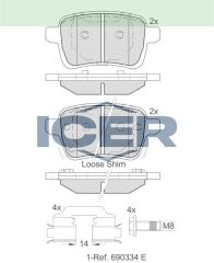 ICER FREN BALATA ARKA IKAZLI FIAT EGEA 1.4 2016- /EGEA HB 1.6 2020- / EGEA CROSS 1.6 D 2020-/ OPEL CORSA E 1.2 15 JANT 2014- / ADAM 1.0 15 JANT 2014- 1605285