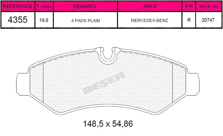 BEŞER FREN BALATA ARKA MERCEDES SPRINTER 3.5 T (907) 316 CDI 2018- / SPRINTER 4T (907) 414 CDI 2018- TEK TEKER 9074208101
