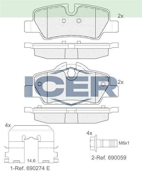 ICER FREN BALATA ARKA MINI COOPER ONE (F56) 1.2 2013-/ MINI COOPER ONE (F56) 1.5 2013- / MINI COOPER S (F56) 2.0 2013-/ MINI COOPER (F56) 1.5 D 2013-/ MINI COOPER ONE (F56) 1.5 D 2013- 34216861641