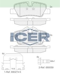 ICER FREN BALATA ARKA MINI COOPER ONE (F56) 1.2 2013-/ MINI COOPER ONE (F56) 1.5 2013- / MINI COOPER S (F56) 2.0 2013-/ MINI COOPER (F56) 1.5 D 2013-/ MINI COOPER ONE (F56) 1.5 D 2013- 34216861641
