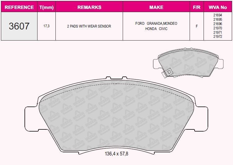 AYSAN FREN BALATA ON IKAZLI HONDA CIVIC VI 1.6i 1995-2001 / CIVIC VI 1.5i 1995-2001 / CIVIC VI 1.6 I-VTEC 1995-2001