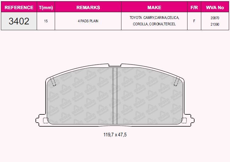 QCB FREN BALATA ON IKAZLI TEL DELIKLI TOYOTA COROLLA (_E9_) 1.3i 1987-1993 / COROLLA (_E9_) 1.8 D 1987-1993 / COROLLA (_E9_) 1.6i 1987-1993 / CARINA (_T17_) 1.6i 1987-1992