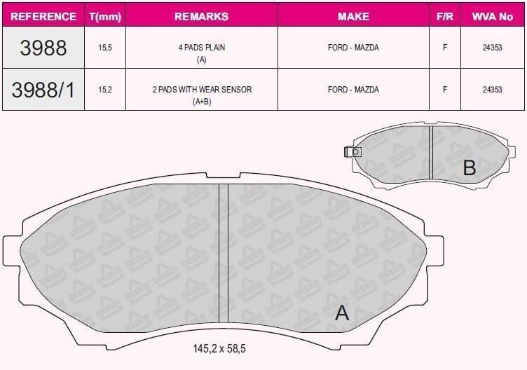 BSR FREN BALATA ON IKAZLI FORD RANGER 2.5 TDCI 4X4 2002-2006 / RANGER 2.2 TDCI 2002-2006 / RANGER 3.0 TDCI 2002-2006 / RANGER 3.2 TDCI 2002-2006 / MAZDA B SERISI (UN) 2.5 D 1998-2006