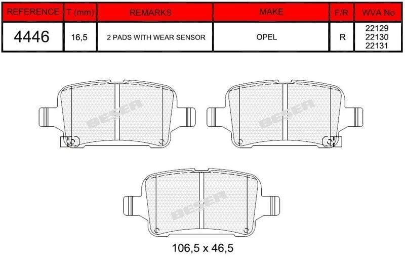 BSR FREN BALATA ARKA IKAZLI OPEL ASTRA K 1.0i TURBO - 1.4i TURBO - 1.6 CDTI 15-16 JANT 2015- 39037199